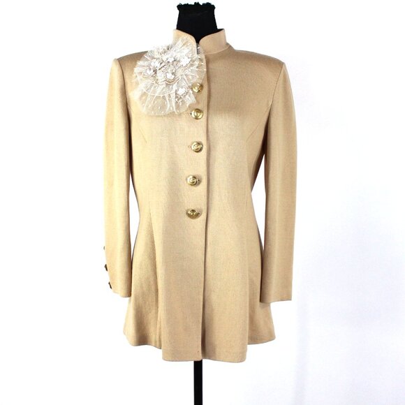 St. John Collection Tan Mock Knit Floral Lace Brooch Pin Button Up Suit Jacket 6 - Picture 1 of 7